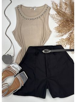 Blusa Canelada Regata Colar Strass Bege - LOJA ANDRESSA FREITAS