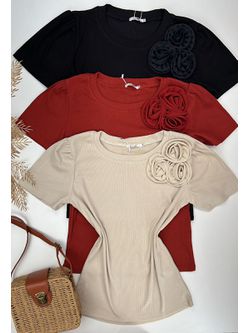Blusa Canelada Com Aplicação de Flor Bege Manga Curta - LOJA ANDRESSA FREITAS