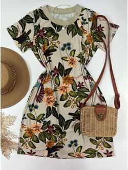 Vestido Estampa Inspiração Com Manga Bege - LOJA ANDRESSA FREITAS