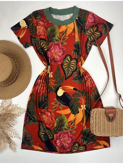 Vestido Estampa Inspiração Com Manga Vermelho - LOJA ANDRESSA FREITAS