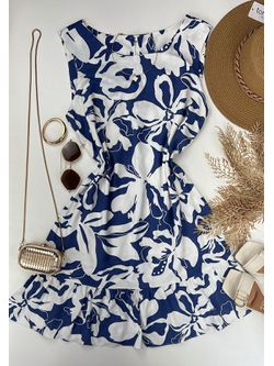 Vestido Curto Linho Estampado Azul