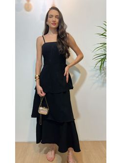 Vestido Midi Camadas com Alça Fina Preto