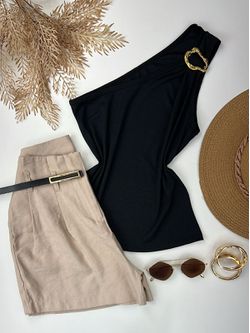 Blusa Canelada Nula manga com Detalhe Fivela Preta