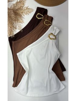 Blusa Canelada Nula manga com Detalhe Fivela Off White