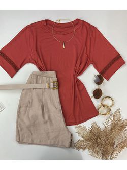 Blusa Manga com Detalhe Guipir Terra Cota