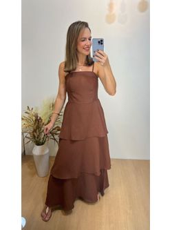 Vestido Midi Camadas com Alça Fina Marrom