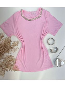 Blusa Canelada Com Aplicação de Pedraria na gola Rosa bebê