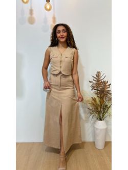 Conjunto Saia Midi Fenda Frontal e Cropped Regata com Zíper 