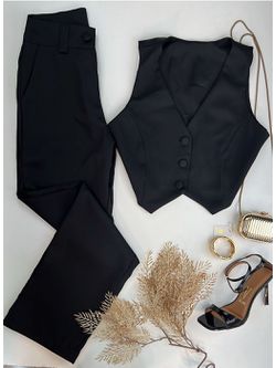 Conjunto Calça e Colete Wide Leg Alfaiataria Preto - LOJA ANDRESSA FREITAS