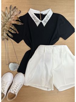 Blusa Gola Polo Com pedrarias Preta - LOJA ANDRESSA FREITAS