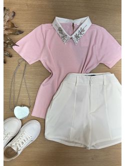 Blusa Gola Polo Com pedrarias Rosa Bebê - LOJA ANDRESSA FREITAS