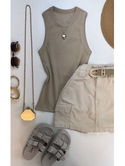 Blusa Regata Canelada Alongada Bege