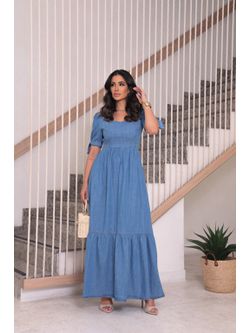 Vestido Jeans Longo Manga Curta com laço - LOJA ANDRESSA FREITAS