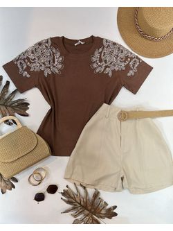 Blusa Manga Bordada Em Strass Marrom 