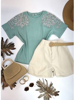 Blusa Manga Bordada Em Strass Verde