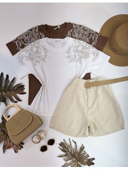 Blusa Manga Bordada Em Strass Branca