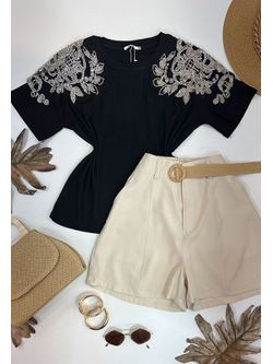 Blusa Manga Bordada Em Strass Preta