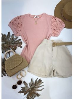 Blusa Manga Bordada Em Guipir Rosa