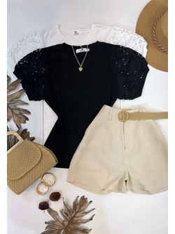 Blusa Manga Bordada Em Guipir Preta 