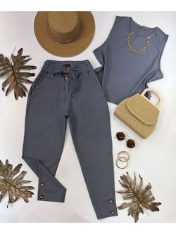 Conjunto Calça e Regata Em Linho Cinza 