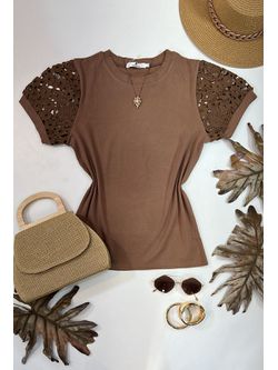 Blusa Manga Bordada Em Guipir Marrom - LOJA ANDRESSA FREITAS