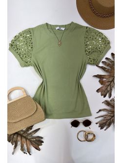 Blusa Manga Bordada Em Guipir Verde
