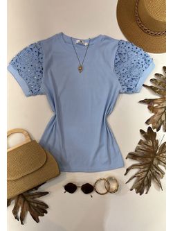 Blusa Manga Bordada Em Guipir Azul - LOJA ANDRESSA FREITAS