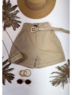 Short Cenoura Com Cinto Bolinhas Douradas Bege