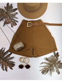 Short Cenoura Com Cinto Bolinhas Douradas Marrom Claro 