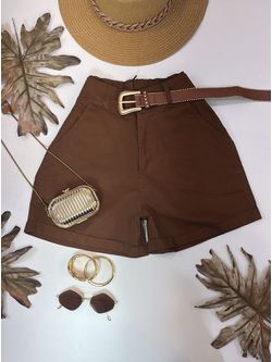 Short Cenoura Com Cinto Bolinhas Douradas Marrom 