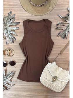 Blusa Regata Canelada Alongada Marrom - LOJA ANDRESSA FREITAS