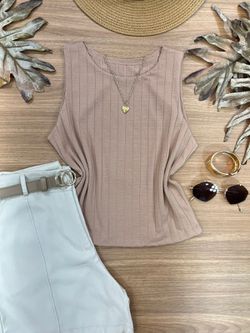 Blusa Canelada Regata Cropped Bege - LOJA ANDRESSA FREITAS