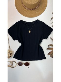 Blusa Canelada Cropped Com Manga Preta - LOJA ANDRESSA FREITAS