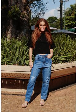 CALÇA MOM RASGO PERNA JEANS CLARO - Vintage Style