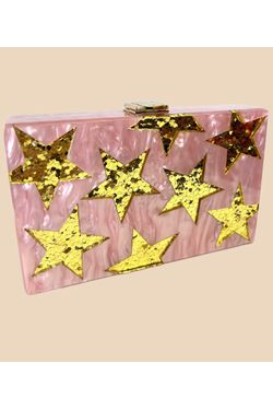 BOLSA ACRÍLICO ROSA ESTRELAS DOURADAS BRILHO - LATELIE 