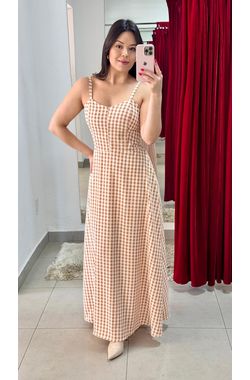 Vestido Longo Xadrez - MARROM E BRANCO - 70805 - Madame Chérie