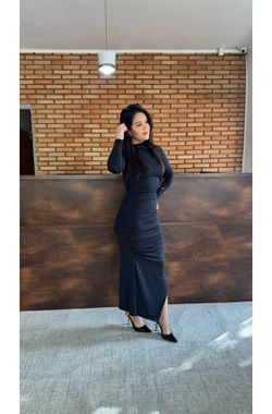 Vestido Longo Drapeado - PRETO - 70911 - Madame Chérie