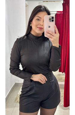 Blusa Manga Longa Recorte Courino - Preta - 69953 - Madame Chérie