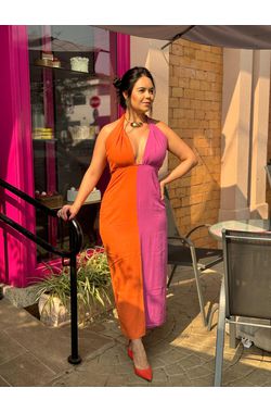 Vestido Longo Linho Bicolor - PINK/LARANJA - 65948 - Madame Chérie
