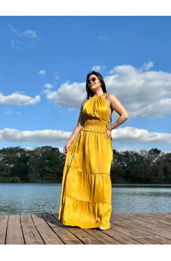 Vestido Longo Acetinado - MOSTARDA - 69533 - Madame Chérie