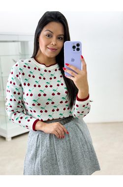 Blusa Tricot Cereja - BRANCO - 63135 - Madame Chérie