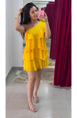 Vestido Crepe Babado - AMARELO - 70140 - Madame Chérie