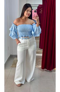 Pantalona Alfaiataria Viscolinho - BRANCO - 63227 - Madame Chérie