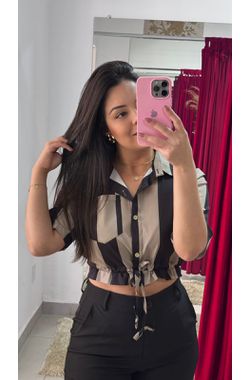 Camisa Crepe Listras - PRETA - 71260 - Madame Chérie