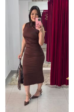 Vestido Midi Drapeado Regata - MARROM - 70911 - Madame Chérie