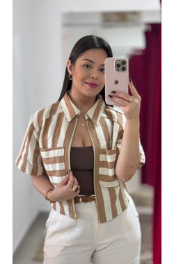 Camisa Listrada Sarja - Marrom e Off White - 6963 - Madame Chérie
