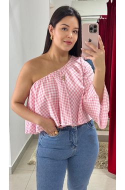 Cropped Nula Manga Xadrez - ROSA - 70263 - Madame Chérie