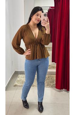 Bata Manga Longa Peplum Xadrez - CARAMELO - 70263 - Madame Chérie