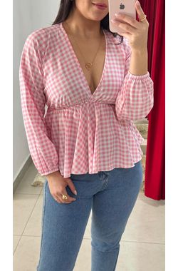 Bata Manga Longa Peplum Xadrez - ROSA - 70263 - Madame Chérie