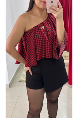 Cropped Nula Manga Xadrez - VERMELHO - 70263 - Madame Chérie